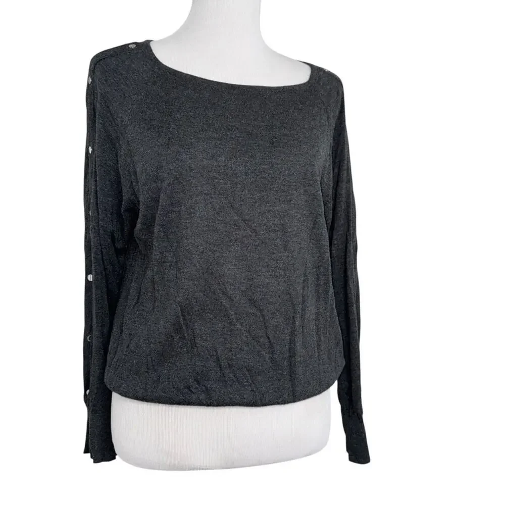 Michael Kors Charcoal Button-Sleeve Detail Lightweight Sweater Sz L